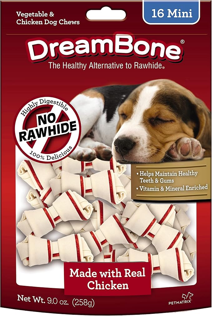 DreamBone Mini Chews with Real Chicken 16 Count, Rawhide-Free Chews for Dogs, 9 Ounce, Package May Vary (3 Pack)
