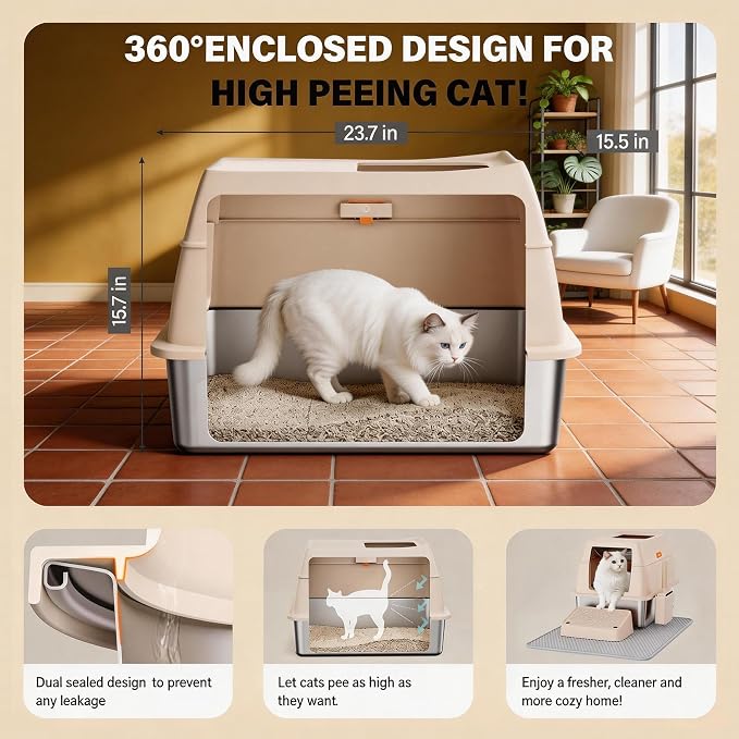 Stainless Steel Litter Box with Lid, Extra Large Enclosed Cat Litter Pan for Big Cats, High Sided Metal Litter Box with Enclosure, Front & Top Entry, Easy Clean, Anti-Leakage, Includes Scoop，Cream