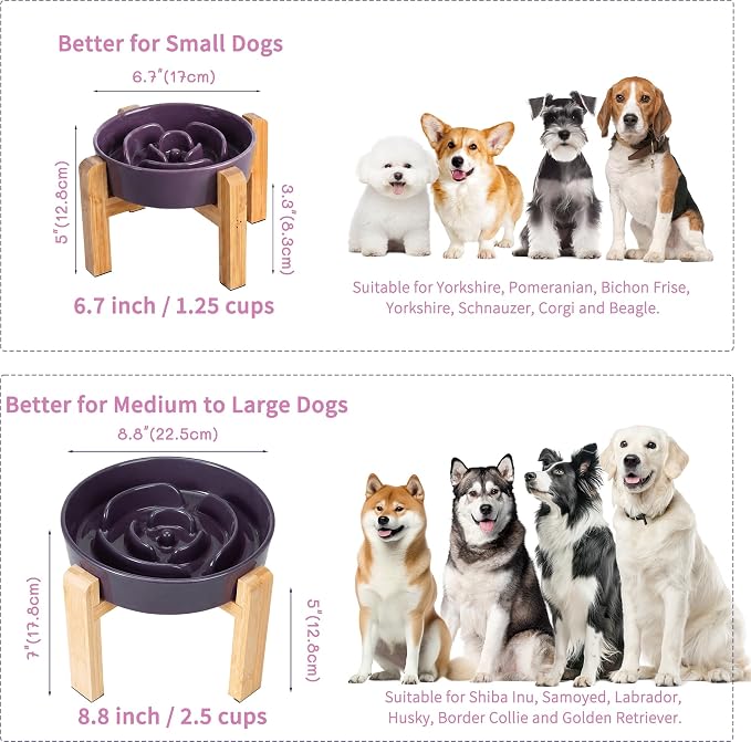 Elevated Slow Feeder Dog Bowl Large Breed, 8.8 Inch Ceramic Slow Eating Bowl with Bamboo Stand, Anti-Choking Raised Maze Design for Medium to Large Dogs, 3.2 Cup, Purple