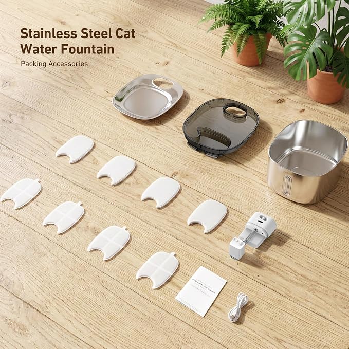 PartsBling Cordless Cat Water Fountain Stainless Steel, 4.2L/142oz Battery Operated Pet Fountain, Ultra Quiet Water Dispenser Cats&Dogs, 5000mAh Rechargeable, Easy to Clean, Includes 4 Filters, White