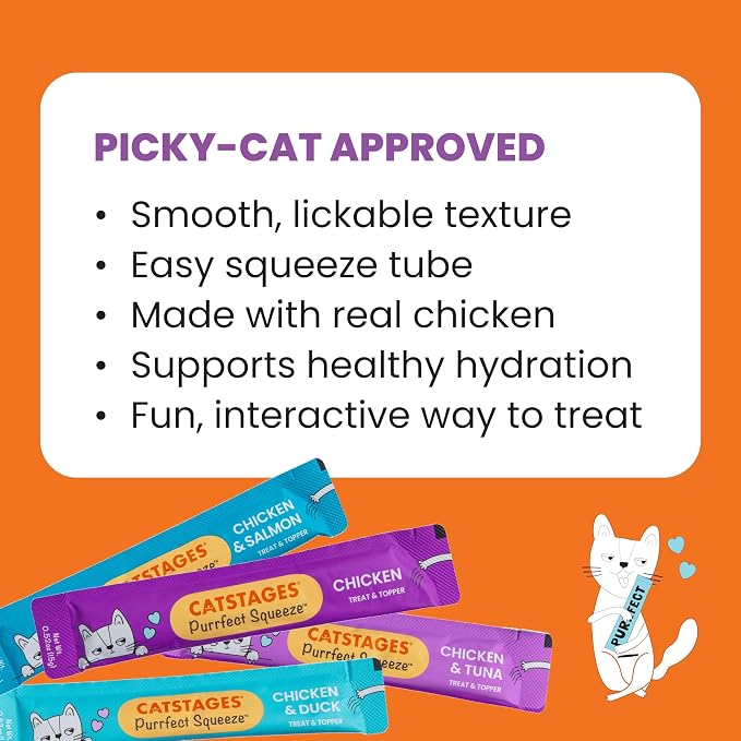 Catstages Purrfect Squeeze Lickable Wet Cat Treats, Creamy Purée Treat & Topper, Made with Real Chicken, Clean Ingredients, No Artificial Preservatives, 0.5 oz Tubes, 20-Count, 4-Flavor Variety Pack