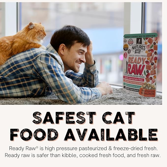 Nature's Diet Ready Raw : Freeze-Dried Raw Cat Food, Salmon & Whitefish, Human Grade, High Pressure Pasteurized (HPP), 96% Meat, Organ, Bone, Safe & Natural, Dry or Wet Feeding