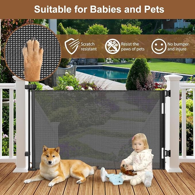 Weatherproof Outdoor Retractable Baby Gates for Decks with No Rust Screws and Rods, 72" Wide Waterproof Outdoor Baby Gate, 6 ft Scratch-Resistant Mesh Retractable Dog Gate for Parents and Pet Owners