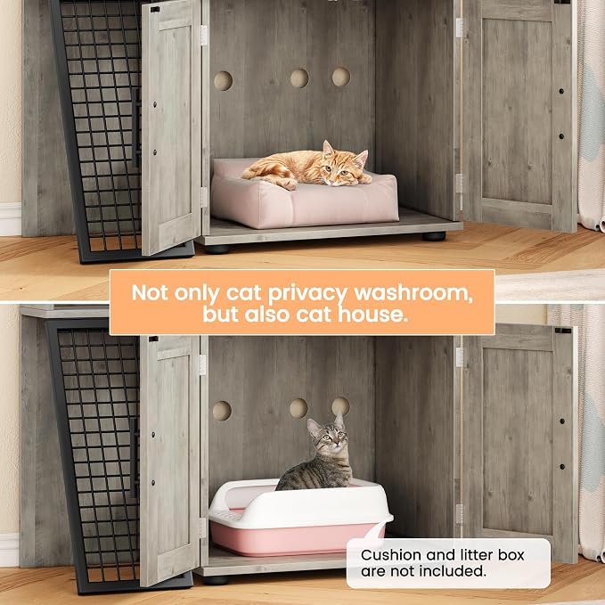 Cat Litter Box Enclosure Furniture with Double Layer Design, Hidden Litter Box & Lounge Villa for Indoor Cats - Includes Ladder, Platform, and Washroom Space for Living Room, Gray