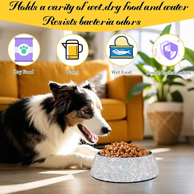 SlowVibes Bling Stainless Steel Dog Bowls,12oz Detachable Rhinestone Metal Food Water Bowl for Feeding Dogs Cats,Rust Resistant Non-Slip Puppy Dish,Sparkle Essentials for Small Medium Large Girl Pets