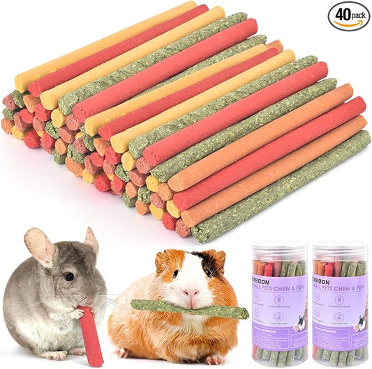 ERKOON 80Pcs Rabbit Timothy Hay Sticks, Five Flavors：PurplePotato/TimothyHay/Pumpkin/Strawberry/Carrot，Suitable Guinea Pig, Hamste, Gerbil, Chinchilla Treats, Chew Toys for Teeth for Bunnies