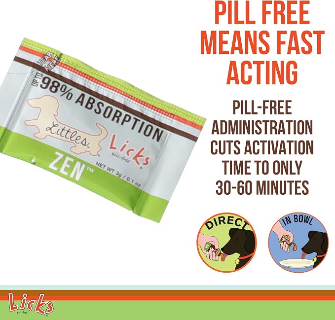 Licks Zen Calming Aid - Fast-Acting Stress & Behavior Support - for Small Breed Dogs & Cats - L-Theanine, Chamomile, Ashwagandha & Tryptohan - Pill-Free Gel Packets - 30 Packets