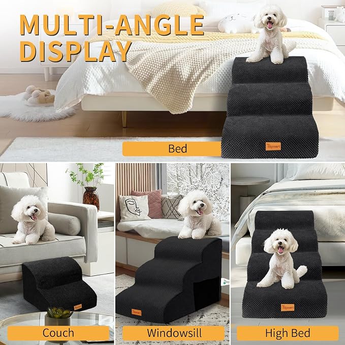 Topmart 3 Tiers Foam Dog Ramps/Steps,Non-Slip, Extra Wide Deep Dog Stairs,High Density Foam Pet Stairs/Ladder,Best for Older Cats,Small Pets,Black