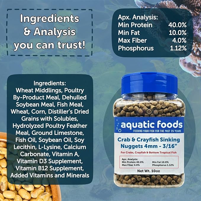 Crab & Crayfish 4mm-3/16 Sinking 40% Protein Nuggets for Crabs, Crayfish, Axolotl, Salamanders, Snails, All Bottom Tropical Fish...10oz Jar