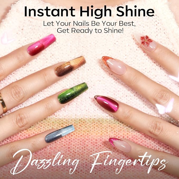 modelones 12Pcs 15ML Cat Eye Gel Nail Polish Set, Same Color Same Bottle Summer Green Blue Yellow Pink Red Purple Cateye Gel Polish Set with Magnet Sparkle Series Hema-free Gel Polish Kit Nail Art