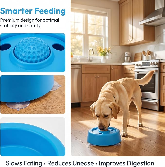 Lick and Roll Bowl,Slow Feeder Lick Bowls for Dogs, Dog Lick Bowl with Ball, Dog Licking Toy for Wet Food、 Water、 and Snacks, Suitable for Large to Small Dogs、 Cats、 Puppies、and Pets（Blue.