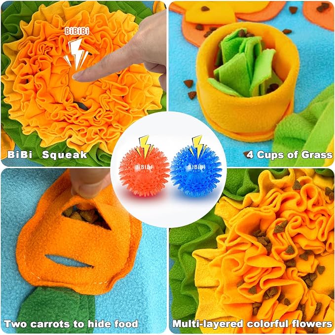Snuffle Mat for Dogs - Interactive Dog Feeding Mat with Squeaky Center & 2 Spikey Balls | Mental Enrichment Toy for Small, Medium, Large Dogs | Slow Feeder, Machine Washable, Non-Slip Base