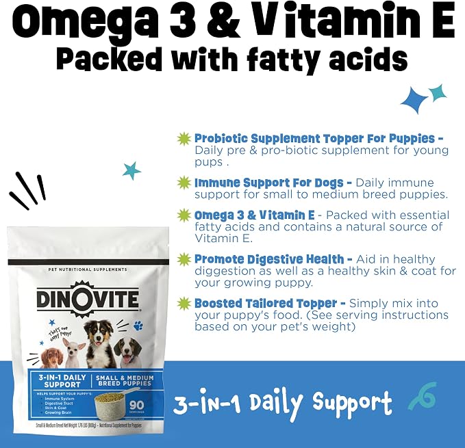 Dinovite Probiotic Food Topper for Puppies, Digestive Health & Skin Support Formula with Omega-3s, Daily Puppy Wellness Supplement, 90 Servings