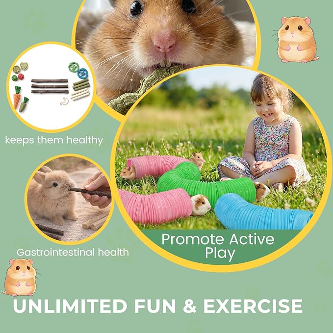 19 PCS Hamster Tubes and Wood Hamster Chew Toys, Natural Guinea Pig Chew Toys for Enrichment, Pet Cage Accessories for Syrian, Cage Accessories for Teeth Care & Boredom Relief (Pink Blue Green)