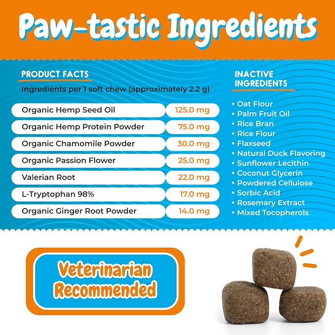 Dog Calming Chews – Natural Calming Aid with Hemp, Chamomile & Passion Flower – Helps Reduce Stress, Anxiety & Hyperactivity – Duck Flavor Soft Chews Made in USA, 120 Count
