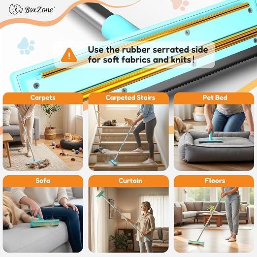 3-in-1 Carpet Rake for Pet Hair Removal, Upgraded Rug Scraper with 61" Thickened Handle & 10" Handheld Grip, Dual-Metal Edge Dog Hair Remover for Carpet, Couch, Furniture & Car