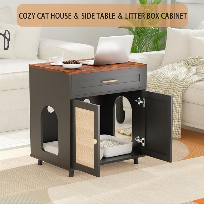 Cat Litter Box Enclosure Litter Box Furniture Hidden with Scratching Board Doors and Drawer Wooden Washroom Cat House Table Nightstand Indoor Box Cabinet,Black