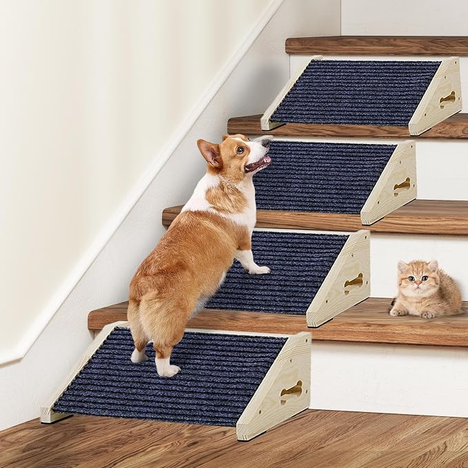 Extra Wide Dog Ramps for Stairs, Wooden Pet Ramp&Stairs for Small Dogs, Non-Slip Pet Steps for Any Staircase, Dog Stair Ramp for Injured Dogs with Anti-Slip Strip, 4 Pack