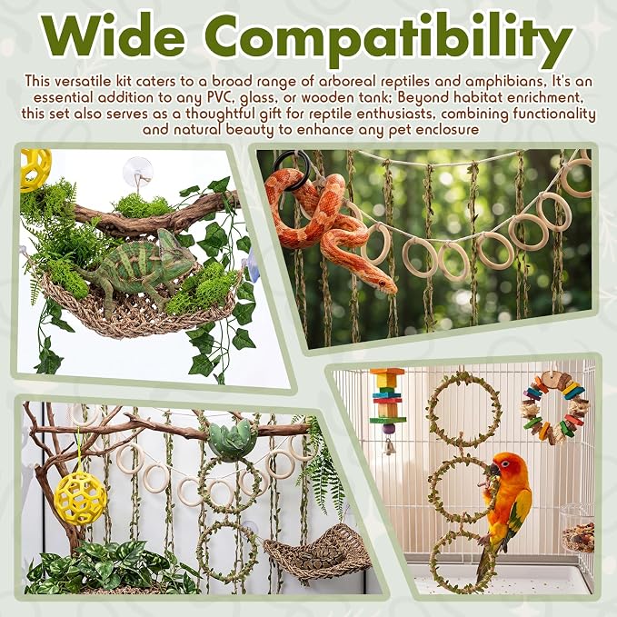 Nuogo 3 Pcs Snake Climbing Vines Climbing Rings Woven Hammock Reptile Enrichment Accessories Reptile Tank Cage Decor Habitat Accessories for Corn Snakes, Bearded Dragon, Chameleon, Lizard