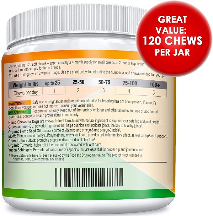 Hemp Hip & Joint Supplement for Dogs - 2 Jars Bacon + Duck Flavoring - Glucosamine, Chondroitin, MSM, Turmeric, Hemp Seed Oil & Hemp Protein for Joint Pain Relief & Mobility - 240 Chews Made in USA