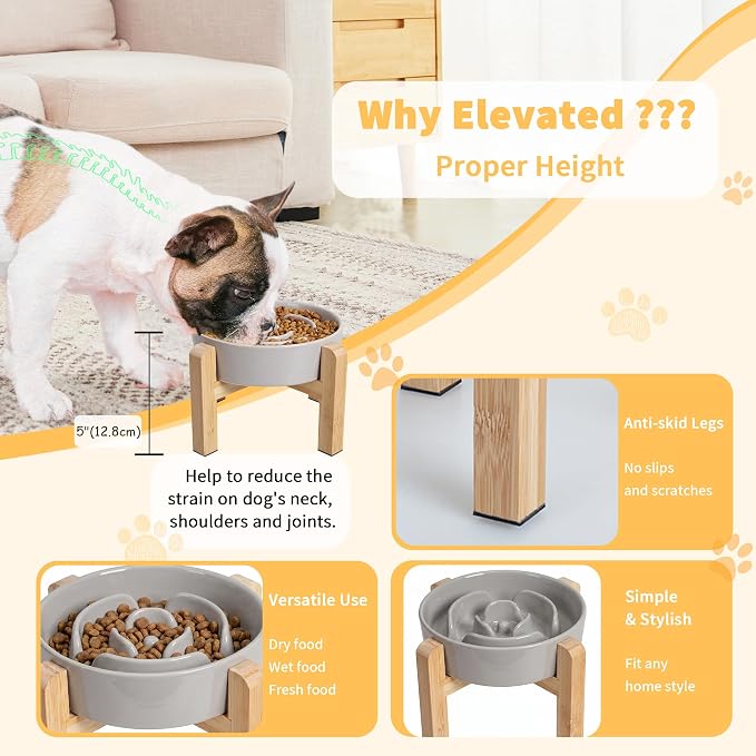 Elevated Slow Feeder Dog Bowl - Ceramic Maze Food Dish with Bamboo Stand - Raised Feeding Bowl for Fast Eaters Small and Medium Dogs - Grey