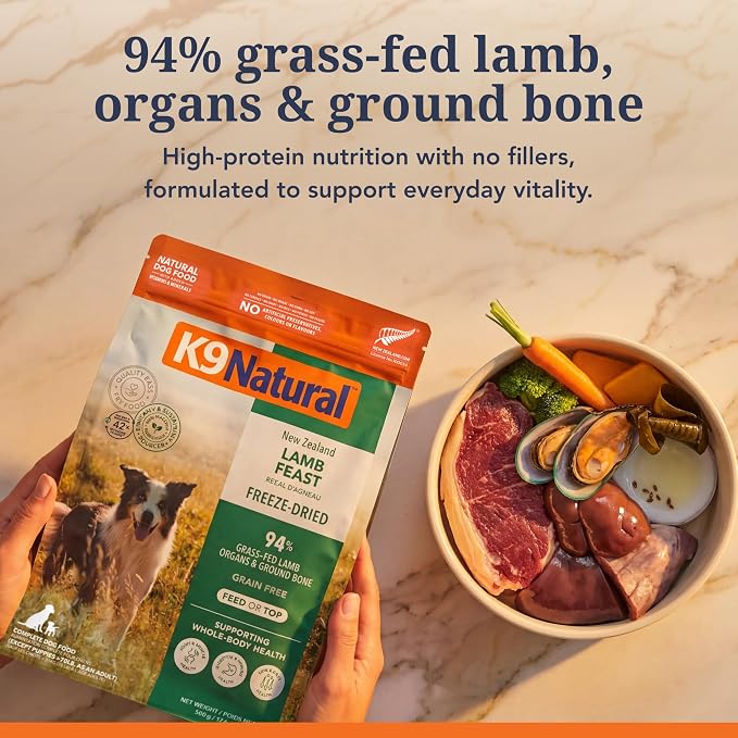 K9 Natural Lamb Freeze Dried Dog Food, High-Meat Natural Complete Meal or Meal Toppers for Dogs, Grass-Fed Lamb from New Zealand, Grain-Free, GMO-Free, Complete & Balanced Nutrition, 4lb