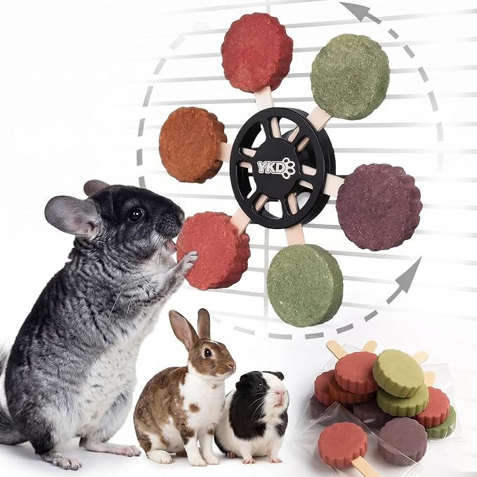 YKD Chinchilla Chew Toys, Rotating Spinner Guinea Pig Toys + 12 Pcs Timothy Hay Rabbit Chew for Teeth Grind & Digestion, Rust-Proof Aluminum Toy, for Rabbit, Bunny, Chinchilla, Hamster Dental Health