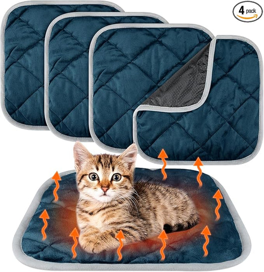 4 Pack Self Heating Cat Pad Self Warming Dog Mat Reflects Body Heat Extra Warm Thermal Pet Pad Washable Dog Cat Bed Crate Bed Mat Blanket(16 x 16 Inch,Blue)