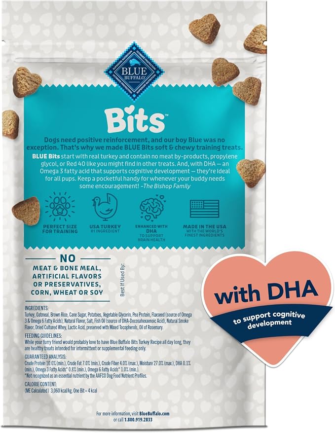 Blue Buffalo Bits Soft Dog Treats for Training, Made with Natural Ingredients & Enhanced with DHA, Turkey Recipe, 4-oz Bag