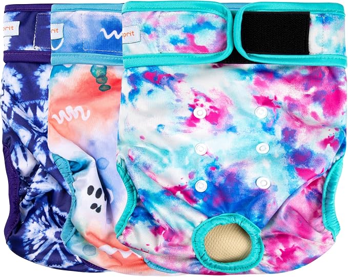 Langsprit Washable Female Dog Diapers (3 Pack) - No Leak Reusable Diapers for Doggy Female in Period - Highly Absorbent Dog Heat Panties with Adjustable Snaps Colourful XXL Size
