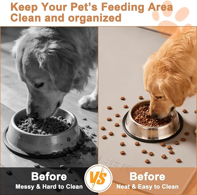KVK Extra Extra Large Silicone Dog Food Mat 39.4×43.3in and 128oz Silicone Bag Set, Super Size Waterproof Pet Feeding Mat & Container, Non-Slip, Chew-Resistant Floor Protection (Taupe&Orange)