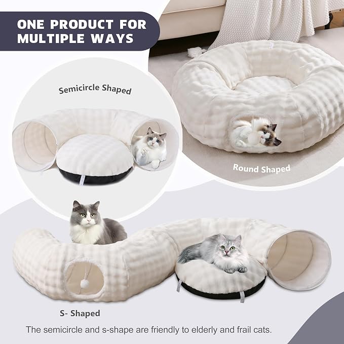 Bubble Cat Tunnel for Indoor Cats, Round Peekaboo Cave Toy with Dangling Balls, Donut Tunnel Bed with Circle Mat for Puppy Kitten Rabbit, Cream White