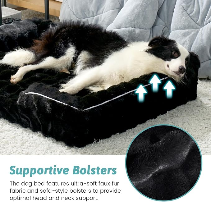 COZY KISS Orthopedic Dog Bed for Extra Large Dog, Soft and Warm Faux Fur Sofa for Giant Pet Up to 150 lbs, Foam Bolster Anti-Slip Couch with Washable Removable Cover, XXL 48x35x8 inch, Black