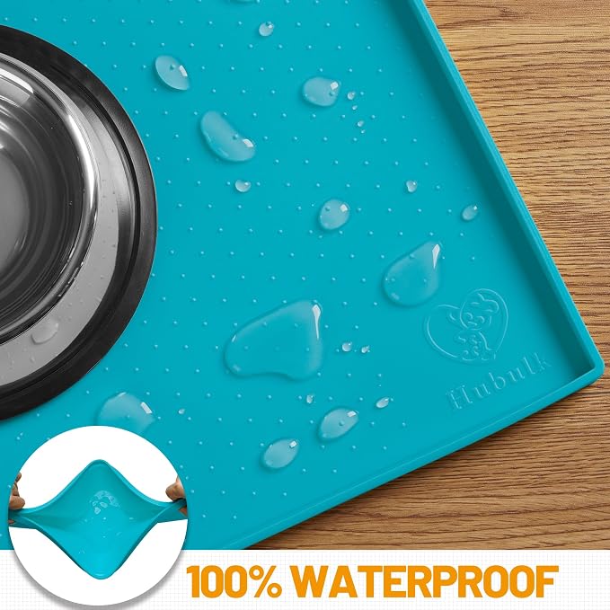 Hubulk Dog Feeding Mat,100% Waterproof BPA Free Silicone Pet Food and Water Bowl Placemat,Dishwasher, High Raised Edge to Prevent Spills,Nonslip Tray to Stop Messes on Floor (19"x12"x0.5", Teal)