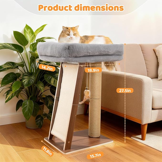 27.5" Cat Scratching Post, 3-in-1 Multifunctional Walnut Finish Pine Wood Cat Furniture, Tall Scratch Posts with Perch&Scratcher, Boxed with Hanging Bell Toy, Medium
