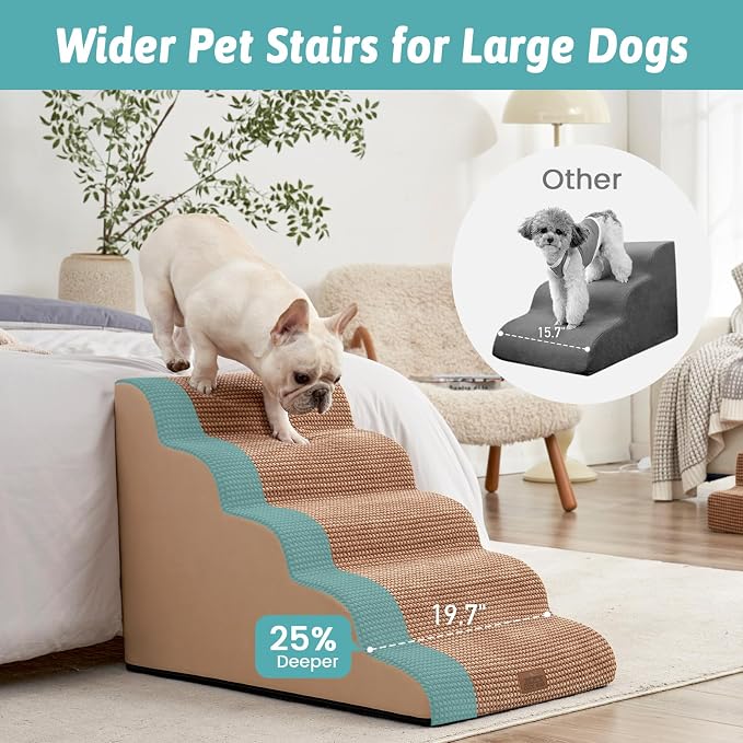 COZY KISS Extra Wide Dog Stairs 19.7" Width, Pet Step for Small/Medium/Large Dog, Puppy or Cat, Pet Ramp for High Bed or Car, High Density Foam Ladder, 19.7x33x22.4 in, Stable, 5 Step, Light Brown