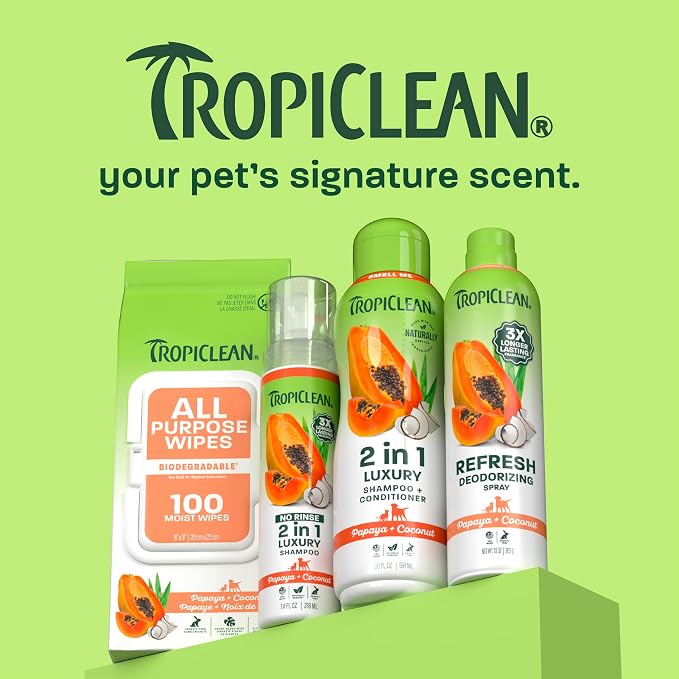 TropiClean 2-in-1 Dog Shampoo and Conditioner, Moisturizing Dog Detangler, Puppy Safe, Made in the USA, Papaya Scent, Cat & Kitten Safe, 20oz.