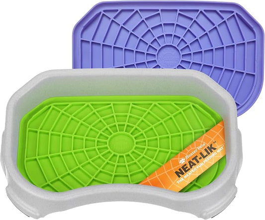 Neater Pets Neat-LIK Dog Lick Mat w/Mess-Proof Tray, Lick Mat for Dogs, Cats, Puppy, Reduces Anxiety & Boredom, Peanut Butter Slow Feeder, Interactive Treat Licking Pad (Purple & Green/Vanilla Bean)