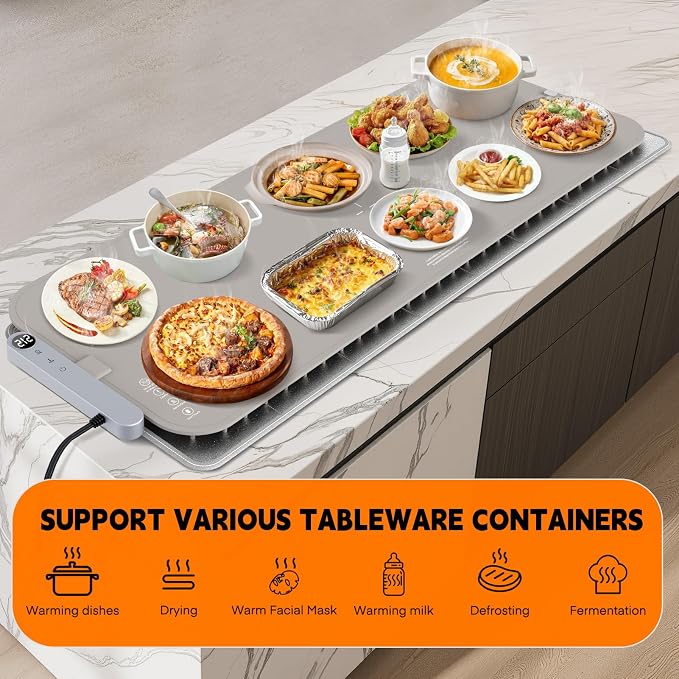 Homelove Warming Mat for Food - Electric Warming Tray with 7-Level Temperature and 6-Level Hours Setting, Full Surface Heating, Waterproof Dishwasher-Friendly Food Warmer for Parties, Kitchen (Khaki)