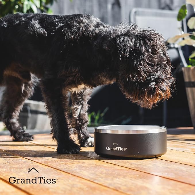 GrandTies Stainless Steel Engraved Pet Bowl | Reusable BPA-Free Insulated Pet Bowls | Large Heavy Duty Non Skid Spill Proof Dog Bowl | Outdoor Dog Water Bowl (24oz, Midnight Black)