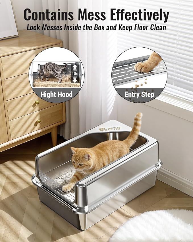 PETNF All Metal Cat Litter Box - All Stainless Steel Litter Box, Odor-Free Large Capacity with Included Litter Scoop, Leak-Proof High-Sided, Easy-to-Maintain for Big Cats & Multi-Cat Homes (2 Pack)