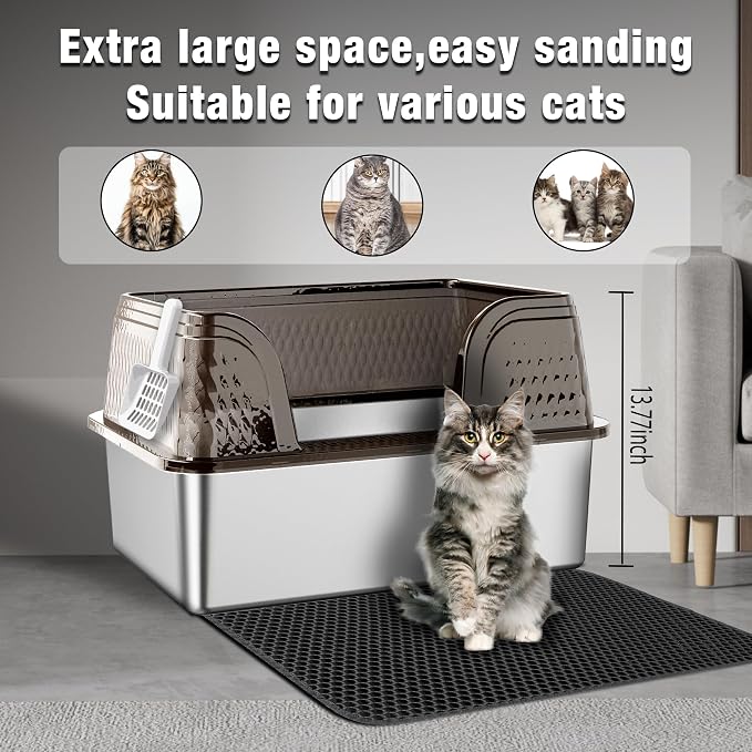 Suhaco XXXL Stainless Steel Litter Box with High Sided Deep Side Entry Deep Extra Large Metal Litter Box Included Mat & Scoop Anti-Urine Leakage Cat Litter Boxes for Big Cats (Black)
