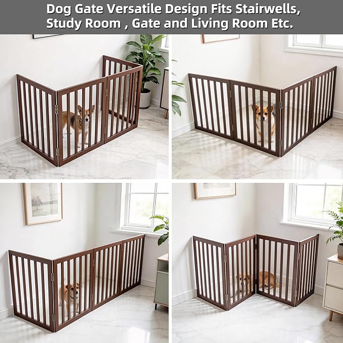 Dog Gate Indoor, Freestanding Dog Fence for The House, Doorways, Hallways,or Stairs,Pet Gate Foldable Wooden,Expandable 32" Height 4 Panels,Brown