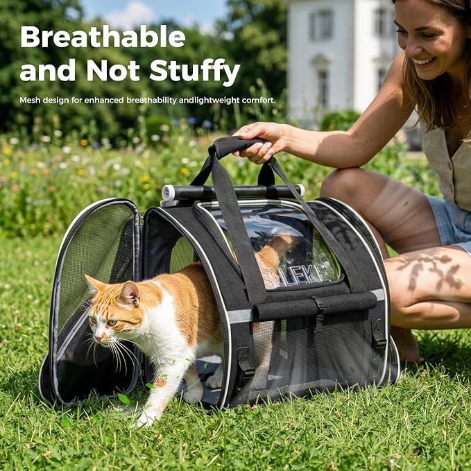 Lekereise Widened Pet Backpack Travel, Wide Pet Carrier Backpack for Large Cats and Dogs up to 20 lbs, Breathable Mesh Backpack Carrier with Sun Shade, Leash, Hand Carry for Travel Vet Car, Black