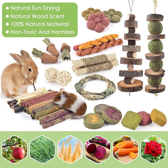 ERKOON 100PCS Rabbit Chew Toys, Natural Timothy Grass Cakes Guinea Pig Toys, Small Animal Teeth Grinding Treats for Bunny Hamster Chinchilla, Safe Dental Care Snacks