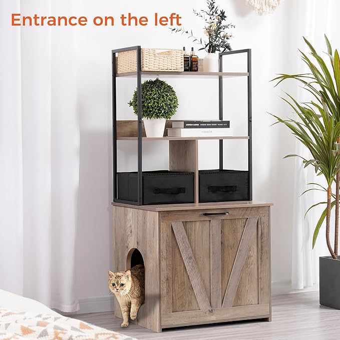DWANTON Litter Box Enclosure with 2 Storage Shelves and 2 Drawers, 2-in-1 Hidden Cat Litter Box Enclosure Furniture with Shelf, Reversible Entrance, Washable Drawers, 50-Inch, Greige