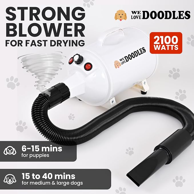 We Love Doodles Dog Dryer with Adjustable Speed & Temperature Control - High Velocity Hair Dryer for Dogs, Pet Hair Dryer, Dry Quickly & Blow Out Undercoat - Grooming (White, Plastic)