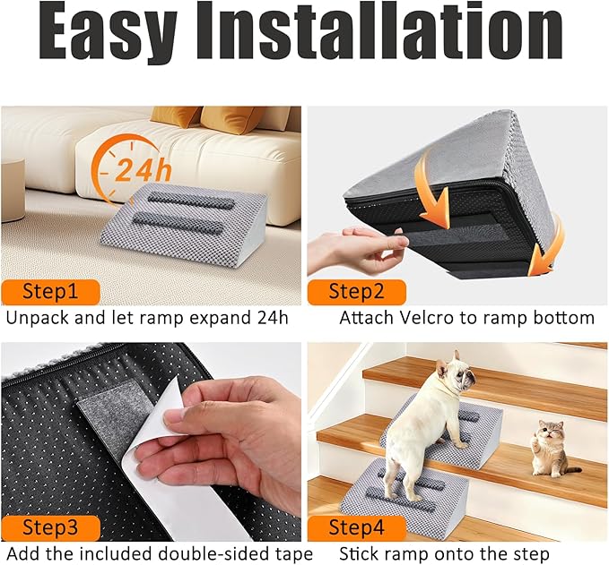 Dog Ramp for Stairs with Anti-Slip Bump for Small & Senior Dogs and Cats – Stair Wedges for Dogs with Gentle Slope, Pet Ramp with Washable Cover & Self-Sticky Pads for Safe Climbing (Gray, 6 Pack)
