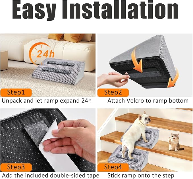 Dog Ramp for Stairs with Anti-Slip Bump for Small & Senior Dogs and Cats – Stair Wedges for Dogs with Gentle Slope, Pet Ramp with Washable Cover & Self-Sticky Pads for Safe Climbing (Gray, 1 Pack)
