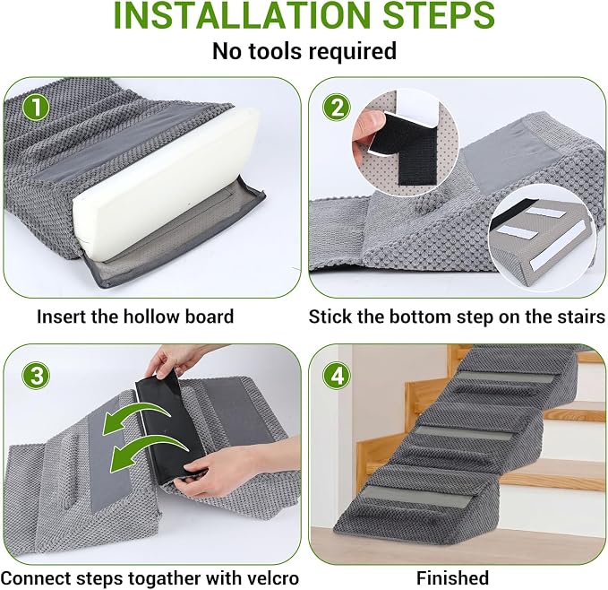 6 Pack Dog Ramp for Stairs for Small & Senior Dogs and Cats | Anti-Slip Bump, Washable Cover, Self-Sticky Pads, Safe Climbing